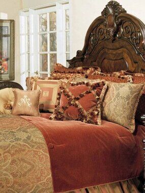 Michael Amini 13 pc king bedding set in red, gold, taupe Woodside Collection